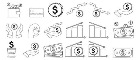 dinero, finanzas, colección de iconos de contornos bancarios. los iconos de la línea de dinero son un conjunto de ilustraciones vectoriales. monedas, billetera, subida y bajada. vector