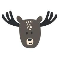 Hand drawn vector illustration of a cute funny moose head. Isolated objects on white background. Scandinavian style flat design. Concept children print. Woodland animal.