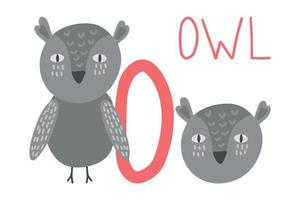 Owl Animal alphabet. Hand draw forest animals in Scandinavian style. Learning letter O. vector