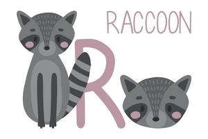 Raccoon Animal alphabet. Hand draw forest animals in Scandinavian style. Learning letter R. vector