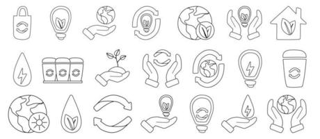 Ecology. Eco line icon set. Contains icons such as recycling, eco house, renewable energy and much more. Hand-drawn icons vector