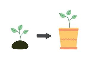 Plant repotting. Replant in bigger pot. Seasonal transplantation. Doodle illustration. vector