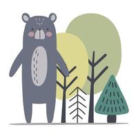 Hand drawn vector illustration of a cute funny bear in the forest. Isolated objects on white background. Scandinavian style design. Concept nursery print.