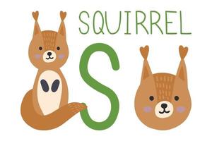 Squirrel Animal alphabet. Hand draw forest animals in Scandinavian style. Learning letter S. vector