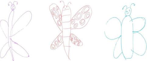 set children's drawing butterflies fly vector hand drawing