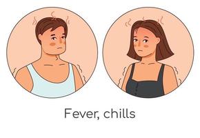hombre y mujer con fiebre con temperatura alta, virus de la gripe dibujos animados fríos ilustración vectorial infográfica médica. vector