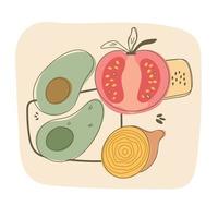 Vector doodle illustration of colored vegetables avocado, tomato and onion with soft flowers and geometric shapes on the background.