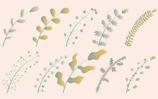 Vector illustration set of cute gradient branches with leaves yellow and green of different shapes.