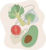 ilustración de fideos vectoriales de verduras coloreadas aguacate, tomate y brócoli con colores suaves y formas geométricas en el fondo. vector