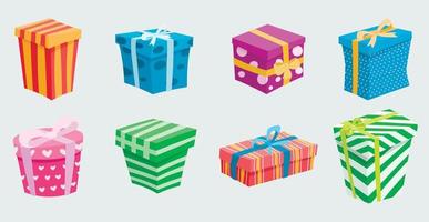 Vector illustration set of cute gifts of different shapes and colors. Boxes with bows of bright colors. Cartoon decorations for the festive background.