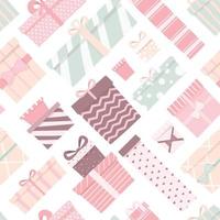 Vector illustration of a seamless pattern of cute gifts of different shapes and colors. Boxes with bows of delicate colors. Cartoon decorations for the festive background.
