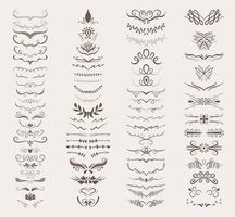 Large set of 76 vector decorative elements. Borders, frames, brackets, rosettes of various shapes for decoration. Old style lines and calligraphic elements for logos, weddings, menus, restaurants.