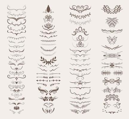 Large set of 76 vector decorative elements. Borders, frames, brackets, rosettes of various shapes for decoration. Old style lines and calligraphic elements for logos, weddings, menus, restaurants.