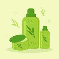 botellas y dos tubos con cosméticos están decorados con plantas en verde de diferentes tamaños vector