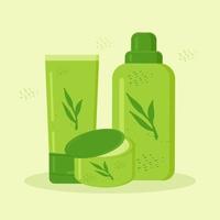 bottles and tubes and jar with cosmetics is decorated with plants in green vector