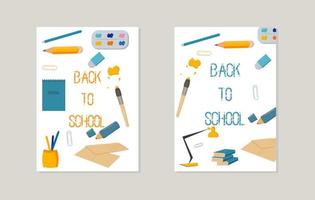 two layouts with the inscription back to school pencils paints notebooks textbooks vector