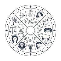 círculo de horóscopo de astrología con fondo de vector de signos del zodiaco. calendario de forma de símbolo de horóscopo, ilustración de colección de animales del zodiaco.