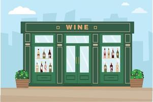 Wine shop on the street. White, red, rose wine in bottles on the shop window of the store. Front facade of the wine shop. Vector illustration.