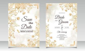 hermosas plantillas de diseño de tarjeta de invitación de boda de naturaleza dorada floral vector