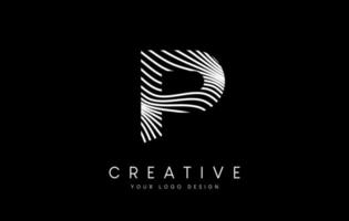 diseño de logotipo de letra p de líneas de cebra de deformación con líneas en blanco y negro y vector de icono creativo