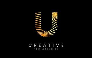 Warp Zebra Lines Letter U logo Design with Golden Lines and Creative Icon Vector