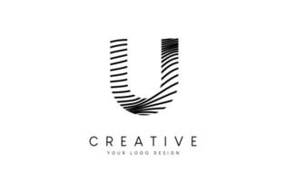 Warp Zebra Lines Letter U logo Design with Black and White Lines and Creative Icon Vector