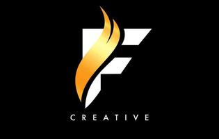 diseño de icono de logotipo de letra f con swoosh dorado y vector de forma de corte curvo creativo