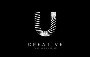 Warp Zebra Lines Letter U logo Design with Black and White Lines and Creative Icon Vector