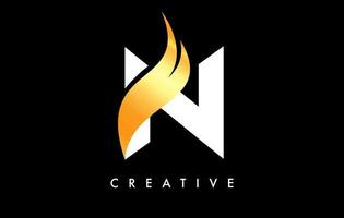 diseño de icono de logotipo de letra n con swoosh dorado y vector de forma de corte curvo creativo