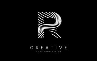 diseño de logotipo de letra r de líneas de cebra de deformación con líneas en blanco y negro y vector de icono creativo