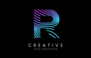 Warp Zebra Lines Letter R logo Design with Neon Purple Lines and Creative Icon Vector