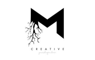 Logotipo de diseño de letra m con rama de árbol creativa. logo de icono de árbol de letra m vector