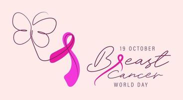 Breast cancer awareness world day poster vector illustration. One line drawing of woman self check breast cancer and awareness ribbon