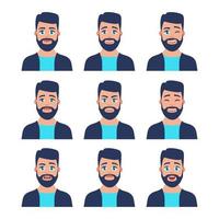 Set of young male icon with emotions in cartoon style. Man avatar profile with facial expression. Characters portraits in bright colors. Isolated vector illustration in flat design