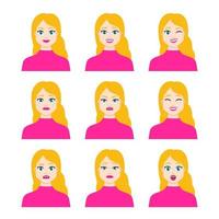 conjunto de icono femenino joven con emociones en estilo de dibujos animados. perfil de avatar de chica con expresión facial. retratos de personajes en colores vivos. ilustración vectorial aislada en diseño plano vector