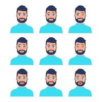 Set of young male icon with emotions in cartoon style. Man avatar profile with facial expression. Characters portraits in bright colors. Isolated vector illustration in flat design