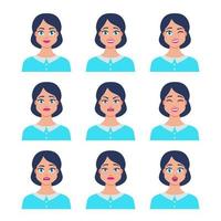 conjunto de icono femenino joven con emociones en estilo de dibujos animados. perfil de avatar de chica con expresión facial. retratos de personajes en colores vivos. ilustración vectorial aislada en diseño plano vector