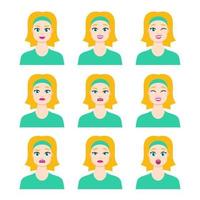 Set of young female icon with emotions in cartoon style. Girl blonde avatar profile with facial expression. Characters portraits in bright colors. Isolated vector illustration in flat design