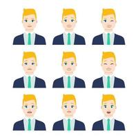 Set of young male icon with emotions in cartoon style. Man avatar profile with facial expression. Characters portraits in bright colors. Isolated vector illustration in flat design
