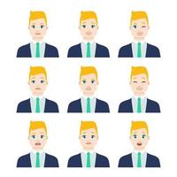 Set of young male icon with emotions in cartoon style. Man avatar profile with facial expression. Characters portraits in bright colors. Isolated vector illustration in flat design