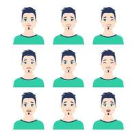 Set of young male icon with emotions in cartoon style. Man avatar profile with facial expression. Characters portraits in bright colors. Isolated vector illustration in flat design