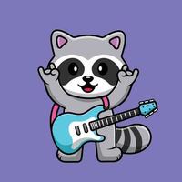 Cute Racoon Playing Electric Guitar Cartoon Vector Icon Illustration. Animal Flat Cartoon Concept