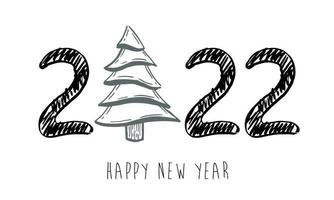 2022 Happy New Year. Christmas tree. Hand drawn illustration. vector