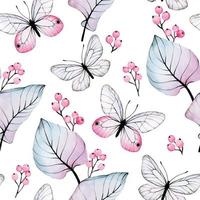 Acuarela de patrones sin fisuras con flores y mariposas transparentes. hojas tropicales rosadas y azules, mariposas, bayas aisladas en fondo blanco vector