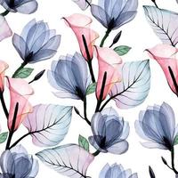 watercolor seamless pattern with transparent tropical flowers and leaves of kala and magnolia. a delicate, delicate print in pastel dusty pinks and blues or a white background. vector