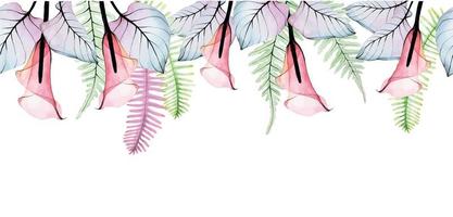 watercolor seamless border, banner, frame with tropical transparent flowers and leaves. pink and blue flowers and leaves of calla lilies, fern isolated on white background. vector