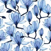 acuarela de patrones sin fisuras con magnolias azules transparentes. flores transparentes de color azul sobre un fondo blanco, rayos x. patrón vintage magnolias en flor. vector