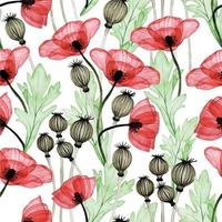 seamless watercolor pattern with transparent poppy flowers. transparent flowers and leaves of poppy red color isolated on white background. print for fabric, wallpaper, wrapper vector