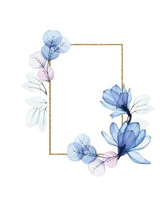 golden frame, border with watercolor transparent magnolia flowers and eucalyptus leaves. abstract transparent flowers and leaves of blue and pink eucalyptus. clip-art for weddings, cards