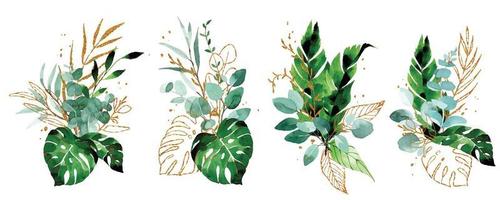 watercolor drawing. set of compositions, bouquets of tropical leaves. green and gold leaves of palm, monstera, banana. boho style decoration with shiny gold elements vector